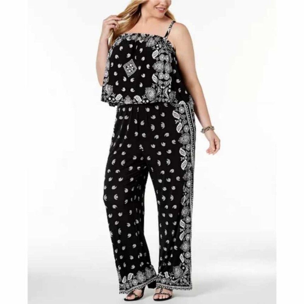 INC Black Bandana Print Popover Sleeveless Wide Leg Jumpsuit Plus Size 3X NWT